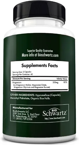 Vista 6 de BioSchwartz Suplemento complejo de magnesio (90 cápsulas) 350 mg de citrato de glicinato de magnesio malato y taurato por porción para nervios