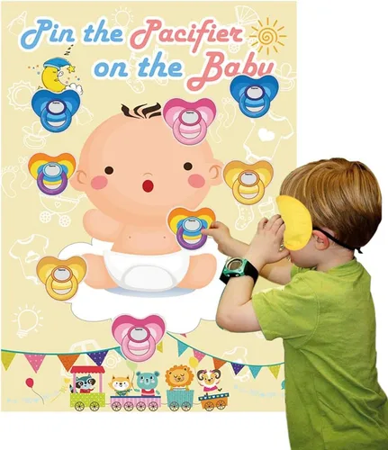 Vista 4 de Hxezoc Pin The Pacifier On The Baby Game - Póster grande para fiesta de baby shower, suministros de fiesta de cumpleaños para niños, 72 calcomanías