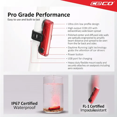 Vista 4 de CECO Luz trasera de bicicleta recargable USB de 80 lúmenes de EE. UU. - Luz trasera de bicicleta TC80 modelo súper amplia brillante - IP67