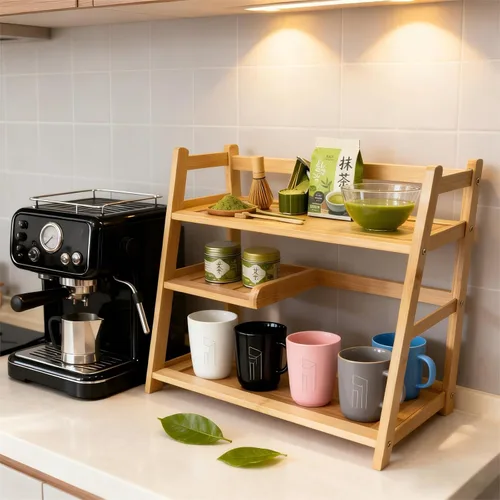 Vista 2 de Bamboo Matcha Station Organizer - Large Capacity 3-Tier Shelf Madera