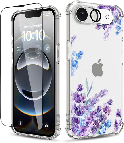 Vista 24 de Funda para iPhone 14, [3 en 1] con protector de pantalla y protector de lente de cámara, diseño de patrón de flores, transparente, suave, a prueba