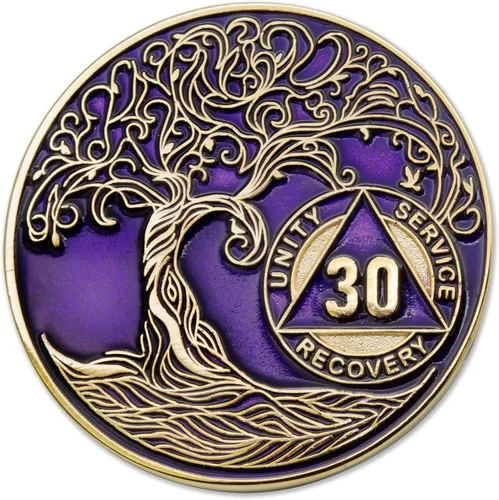 Vista 190 de 1 año Sobriety Mint Twisted Tree of Life Medallón de recuperación AA chapado en oro, chip/ficha - negro