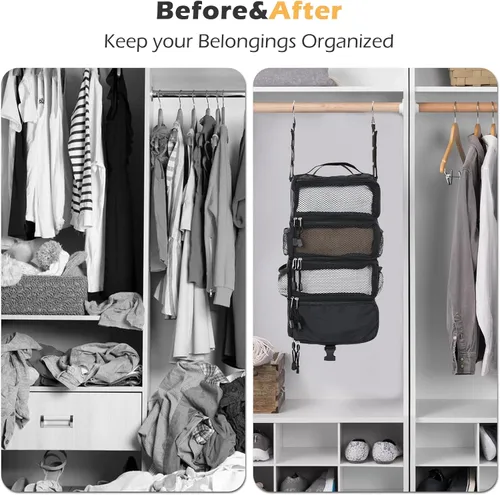 Vista 2 de TABITORA Organizador de equipaje de viaje plegable para colgar, estantes colgantes portátiles para llevar en la maleta con 2 ganchos, (S-negro)