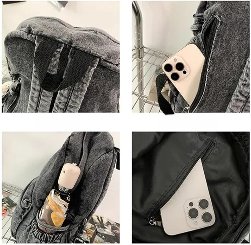 Vista 4 de Mochila de mezclilla vintage para mujeres y hombres, linda mochila Y2k Jeans Bookbag Preppy Moda Viaje Retro Mochila de hombro, Negro -, Mediana