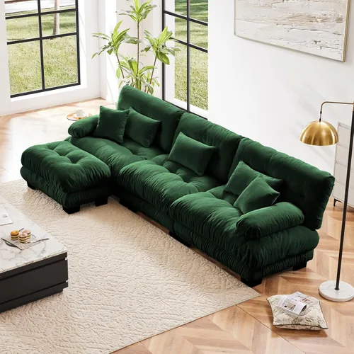 Vista 57 de Sofá modular en forma de U de 118 pulgadas con 2 otomanas, sofá de nube de terciopelo peletizado con almohadas de apoyabrazos de refuerzo, cómodo