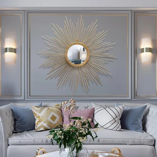 Vista 3 de APLUSH Espejo de pared dorado con forma de explosión de sol de mediados de siglo, moderno Starburst, gran círculo colgante decorativo, para sala
