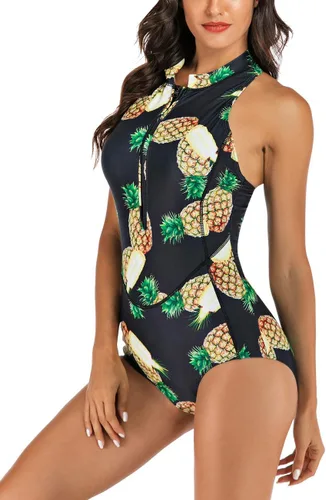 Vista 3 de SEBOWEL Traje de baño deportivo de una pieza con estampado a rayas y cremallera frontal para mujer