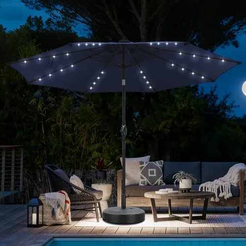 Vista 26 de Sombrilla solar de patio de 10 pies con base, 32 luces LED, sombrilla de mercado al aire libre con botón de inclinación y grietas para jardín Azul