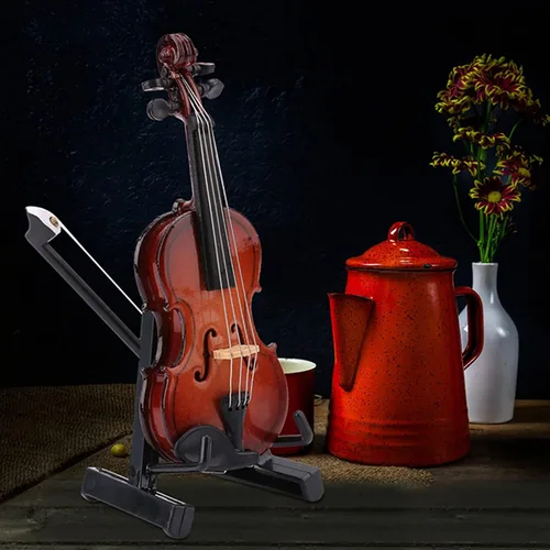 Vista 3 de Violonchelo miniatura de madera con soporte, arco y estuche Mini instrumento musical en miniatura modelo de casa de muñecas para decoración del hogar