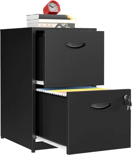 Vista 11 de Archivador móvil de 2 cajones con cerradura, archivadores de metal con ruedas, gabinete de almacenamiento enrollable negro, archivador vertical