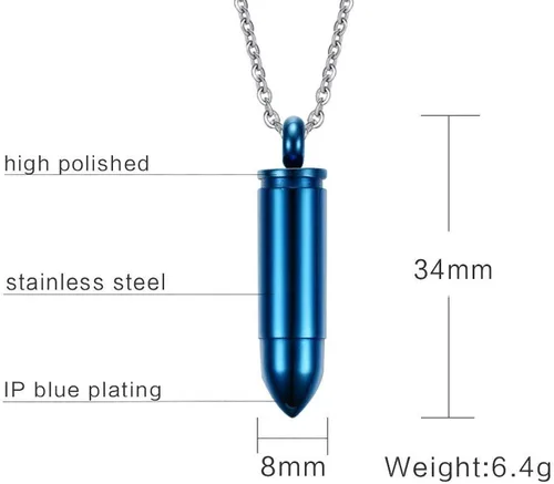 Vista 2 de Collar con colgante de urna de bala pulida de acero inoxidable, joyería de cremación de recuerdo de cenizas conmemorativas, Acero inoxidable, No es