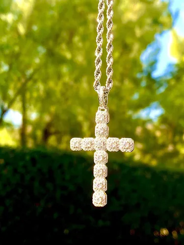 Vista 3 de Colgante de cruz de tenis para hombre y mujer, de plata glaseada 925, de acero inoxidable, cadena de cuerda real de 0.118in, joyería Mans, colgante