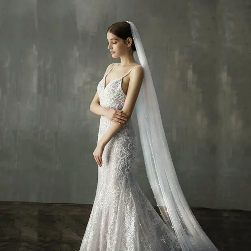 Vista 4 de AMBRE ADELE Cathedral Bridal Long Tulle Veil With Pearl, Wedding Veil for Brides