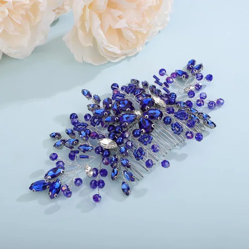 Vista 3 de Aimimier Peine de pelo de cristal azul real para novia, pieza de pelo de zafiro, fiesta de graduación, festival, boda, accesorios para el cabello