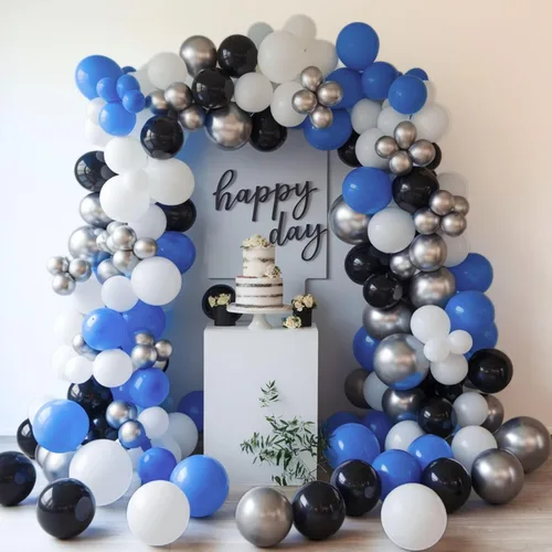Vista 4 de Globos azules y negros, globos de graduación de 12 pulgadas, globo de látex de confeti azul oscuro, negro, blanco, plateado metálico, para niños