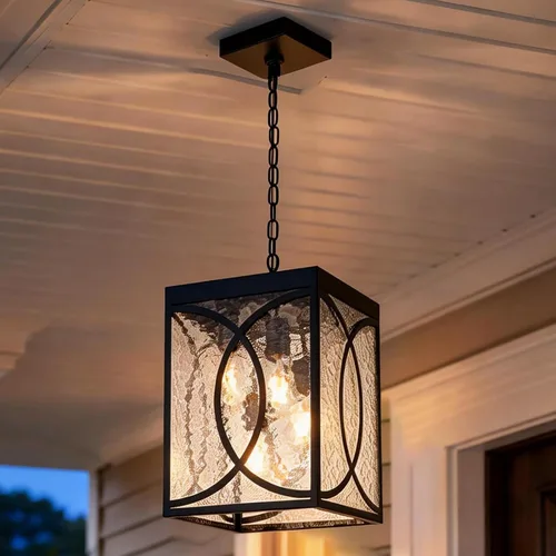 Vista 8 de Lámparas colgantes para exteriores, moderna linterna colgante exterior de 3 luces, panel de cristal transparente, candelabro grande negro para Negro