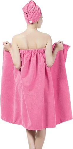 Vista 5 de ITODA Toalla de baño para mujer, falda de baño absorbente con toalla para el pelo, albornoz ajustable, gorro de baño de secado rápido