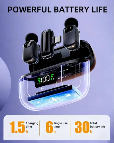 Vista 8 de T1 mini micrófono inalámbrico Lavalier para iPhone/Android/iPad, reducción de ruido de 3 niveles, duración de la batería de 30 horas, cambiador
