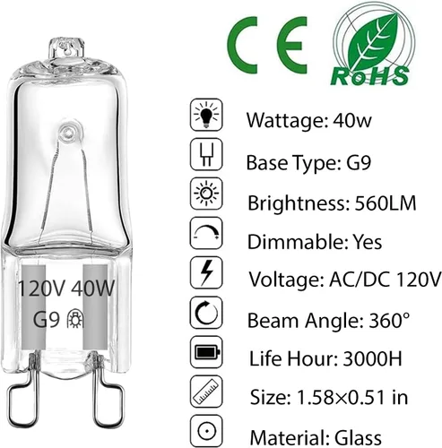 Vista 4 de GARTO Bombillas halógenas G9 de 40 W 120 V, 2 pines, sin mercurio, protección ocular sin mercurio, ángulo de haz regulable de 360°, vida útil