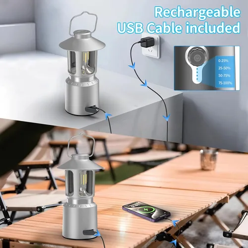 Vista 6 de Linterna LED retro clásica para campamento, linterna vintage recargable sin atenuación continua, 3 modos de luz (2000 K-6500 K), banco de energía