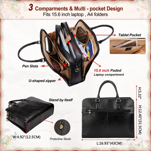 Vista 6 de Banuce Italian Full Grain Leather Briefcase for Women Fits 15.6" Laptop Negro