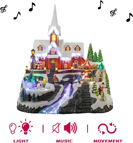 Vista 5 de Casa de iglesia de pueblo navideño de 15 pulgadas, escena animada de invierno con patinadores, carrusel giratorio, luces de fibra óptica y música