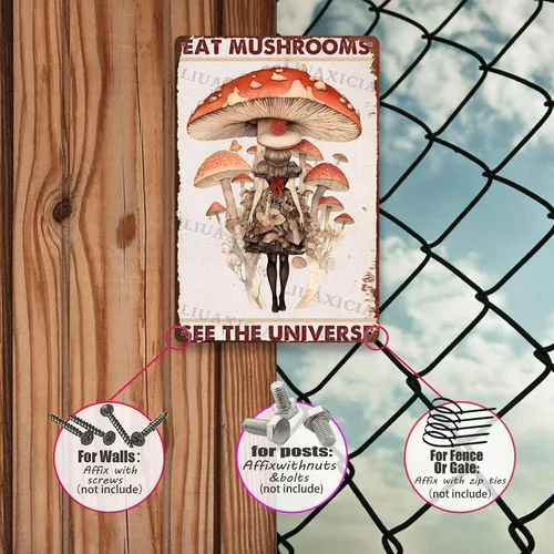 Vista 4 de Letrero retro de hojalata con texto en inglés "Eat Mushrooms See The Universe for Kitchen Bar Garage Decor 8.00"x12.00