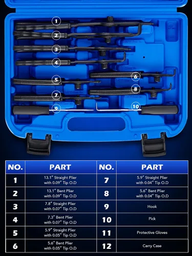 Vista 7 de Orion Motor Tech Juego de 10 piezas de alicates de anillo a presión, alicates de círculo internos y externos con alicates doblados y rectos, pinza
