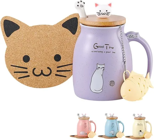 Vista 10 de BigNoseDeer Lindas tazas Kawaii de gato, taza de café de cerámica con infusor y tapa, cuchara, taza de té, regalos lindos y geniales para mujeres
