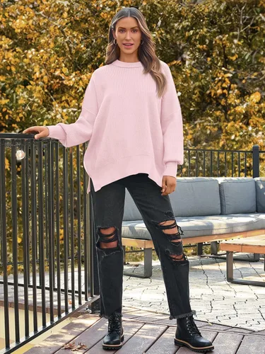 Vista 178 de Lillusory - Suéter extragrande con mangas de murciélago y cuello redondo para mujer, prenda moderna de otoño de tejido de punto sin botones