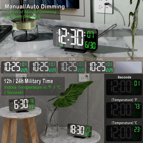 Vista 2 de KOSUMOSU Reloj de Escritorio 6.7 pulgadas Reloj Despertador Digital Negro con Alarma Dual, Atenuación, Fecha, Día de la Semana, Temperatura, 12h