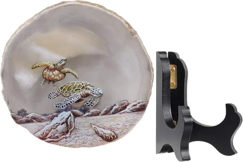 Vista 2 de rockcloud Exhibición de losa de ágata de tortuga marina con soporte de madera forma irregular Aagte Slice Stone Home Office Desk Ornament