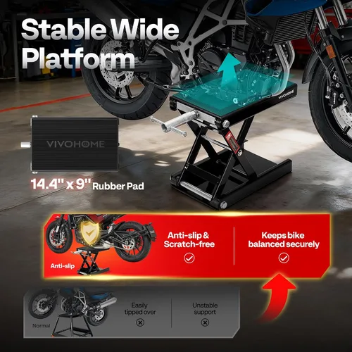Vista 4 de VIVOHOME Gato de tijera para elevador de motocicleta de 1100 libras, soporte de elevación de cubierta ancha, color negro