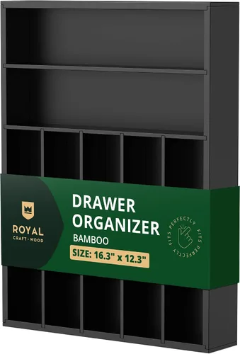 Vista 11 de ROYAL CRAFT WOOD Organizador de cajones de cocina de bambú de lujo, organizador de cubiertos, soporte para utensilios y bandeja de cubiertos