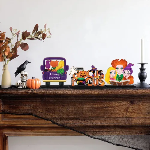 Vista 7 de 3 piezas de decoración de mesa de Halloween de Hocus Pocus, hermanas de bruja de Halloween, centro de mesa de madera para mesa de camión I Smell