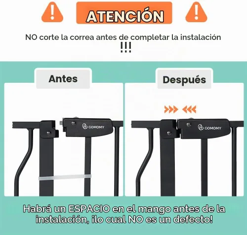 Vista 6 de COMOMY Puerta para mascotas de 29.5-33.4 pulgadas con puerta ajustable para gatos, puerta de metal extra ancha para puertas de escaleras, puerta
