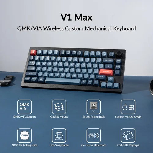 Vista 2 de Keychron V1 Max 75% Teclado Mecánico Personalizado RGB, 2.4Ghz/Bluetooth 5.1/Cable QMK/VIA Macro Programable Intercambiable en Caliente Interruptor