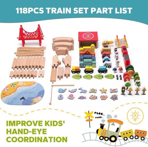 Vista 7 de Juego de tren de madera de 118 piezas, juego de tren urbano con tren eléctrico y juego de pesca, compatible con las principales marcas, regalo ideal