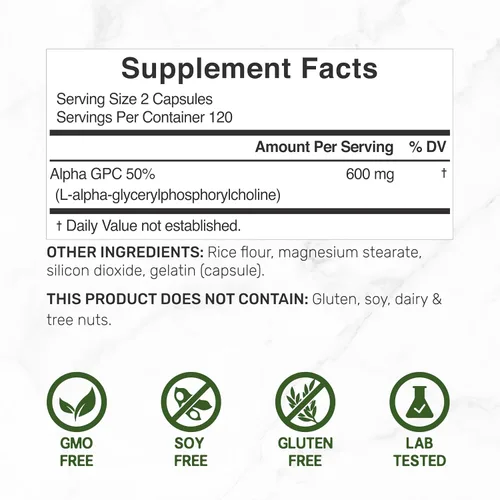 Vista 2 de Alpha GPC 600 mg por porción, 240 cápsulas – Reposición de colina biodisponible – Suplementos nootrópicos para la salud cerebral, memoria