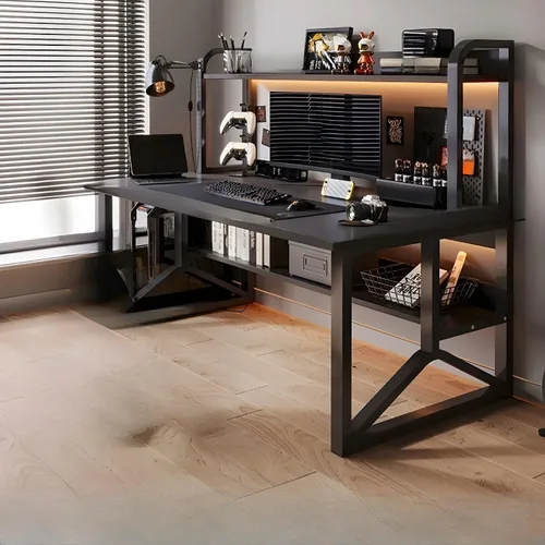 Vista 8 de LITFAD Escritorio rectangular de madera para oficina, moderno escritorio para computadora con marco de metal y estantería para oficina en casa, 1