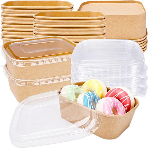 Vista 8 de 60 cuencos desechables de papel kraft a granel, rectángulo, extragrueso, a prueba de fugas, recipiente de alimentos con tapa de plástico