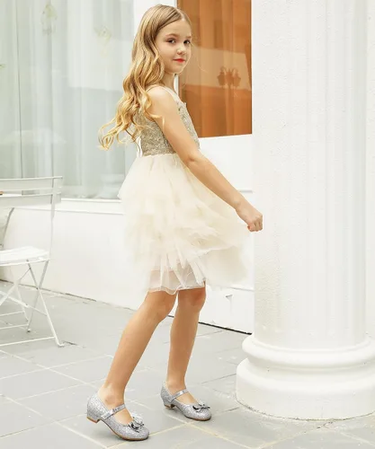 Vista 7 de Stelle - Zapatos de vestir para niñas pequeñas, zapatos de princesa con purpurina y flores, tacón bajo estilo Mary Jane, ideales para fiestas y bodas