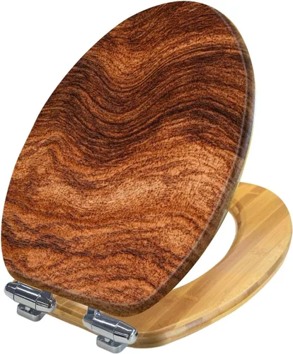 Vista 14 de Asiento de inodoro alargado de madera de madera de madera de grano de madera de grano de secoya, tapa de cierre silencioso lento con bisagras