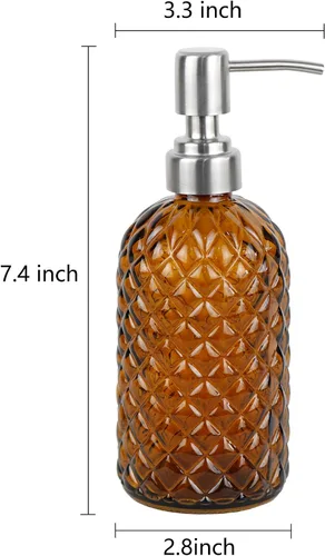 Vista 3 de Dispensador de jabón de vidrio con patrón de diamante de 16 onzas, dispensador de jabón recargable para cocina y baño, con bomba de acero inoxidable