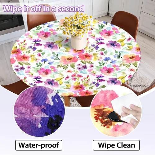 Vista 6 de Mantel redondo ajustable de primavera y verano con borde elástico, mantel de flores de acuarela para exteriores, mantel reutilizable para interiores