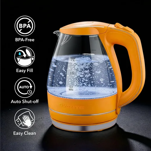 Vista 3 de OVENTE Hervidor Eléctrico, 1.5L de Vidrio de Borosilicato para Encimera, Calentador y Hervidor de Agua para Café o Té, Libre de BPA, Apagado Naranja