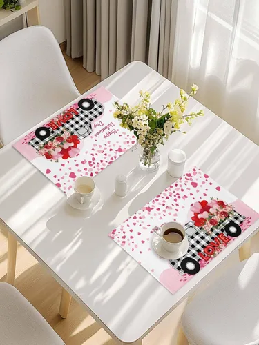 Vista 7 de Juego de 4 manteles individuales para el día de San Valentín para mesa de comedor, camión con globos y rosas románticos de arpillera de corazón rosa