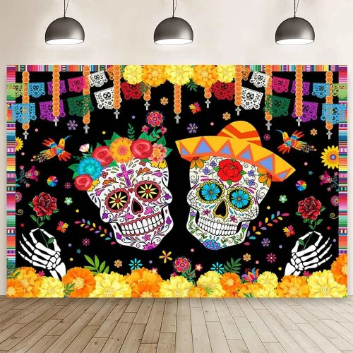 Vista 8 de MEHOFOND Telón de fondo del Día de los Muertos de 7 x 5 pies, diseño de calavera de azúcar Dia De Los Muertos, fondo de fotografía, Fieasta