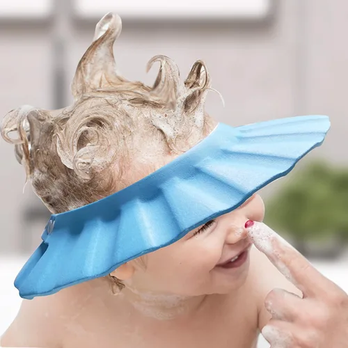 Vista 5 de Gorro de ducha suave y ajustable para bebé - Visera para la cabeza para lavar el cabello, protección para el baño - Gorro de baño para niños Azul