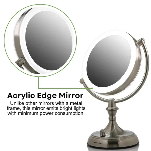 Vista 5 de OVENTE Espejo de maquillaje de mesa iluminado de 9 pulgadas con aumento 1X/5X, espejo de tocador de aumento de doble cara con luces LED regulables